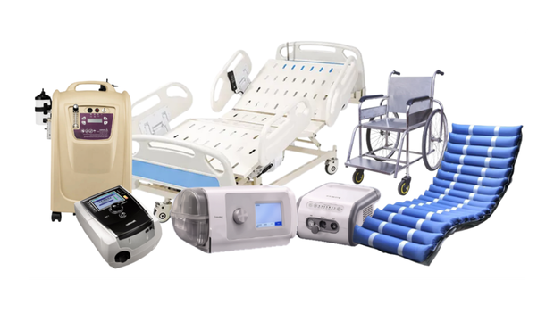 Home medical equipment group with ICU bed, pressure mattress, wheelchair and respiratory support devices