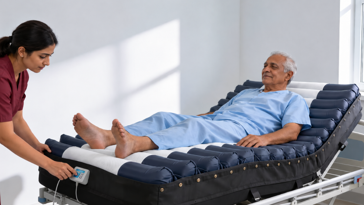 Caregiver assisting a patient on an advanced pressure redistribution mattress at home