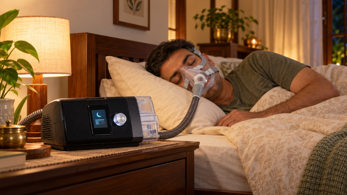 Patient using prescribed BiPAP therapy at home at night