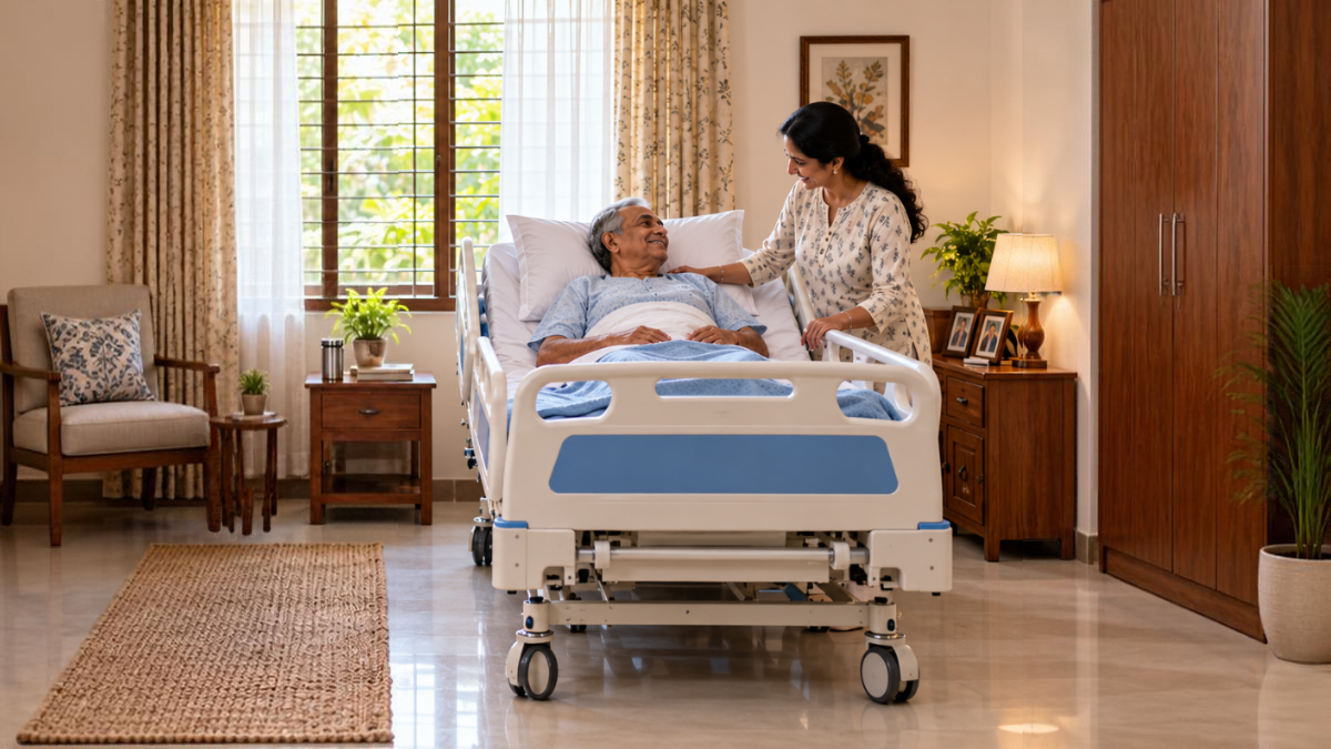 Elderly patient resting in an adjustable ICU bed with a caregiver beside him at home