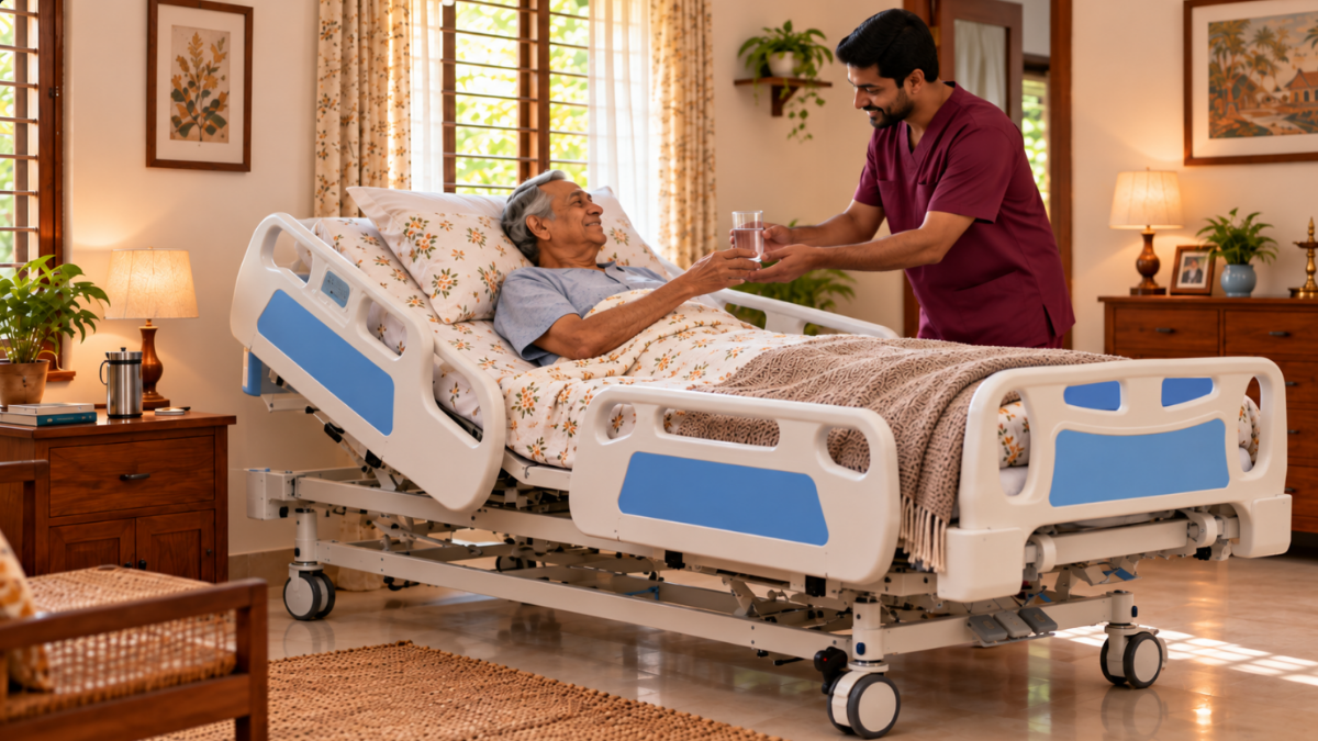 Elderly patient resting on an elevated ICU bed while a caregiver offers water