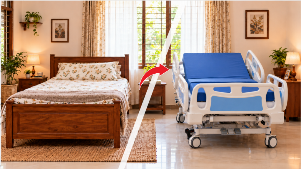 Normal home bed beside an adjustable ICU bed in a Kerala-style bedroom