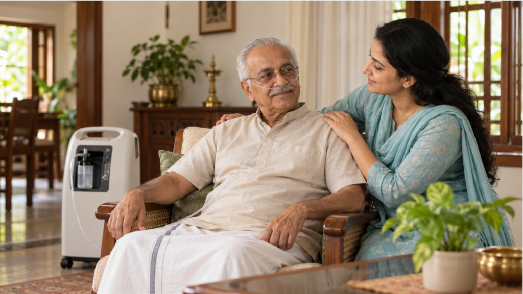 Elderly man using an oxygen concentrator at home with his daughter beside him